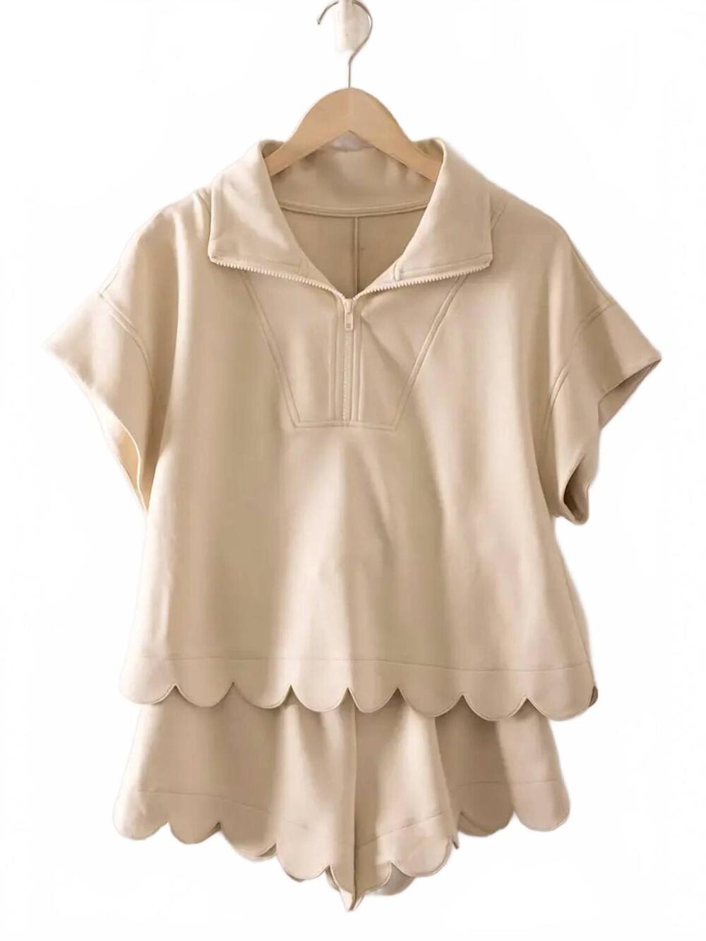 NEW VERY J women's short sleeves top and elastic waist shorts set in ecru